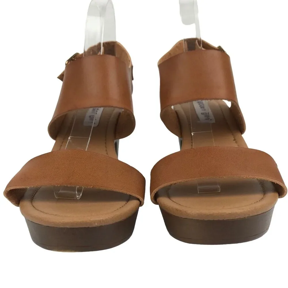Madden Girl Platform Sandals Block Heel Brown Faux Leather Wood Look Retro Sz 10